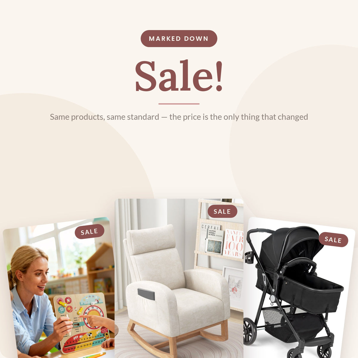 Latched SHOP sale — marked-down nursery furniture, baby gear and toys including a rocking chair, stroller and Montessori clock