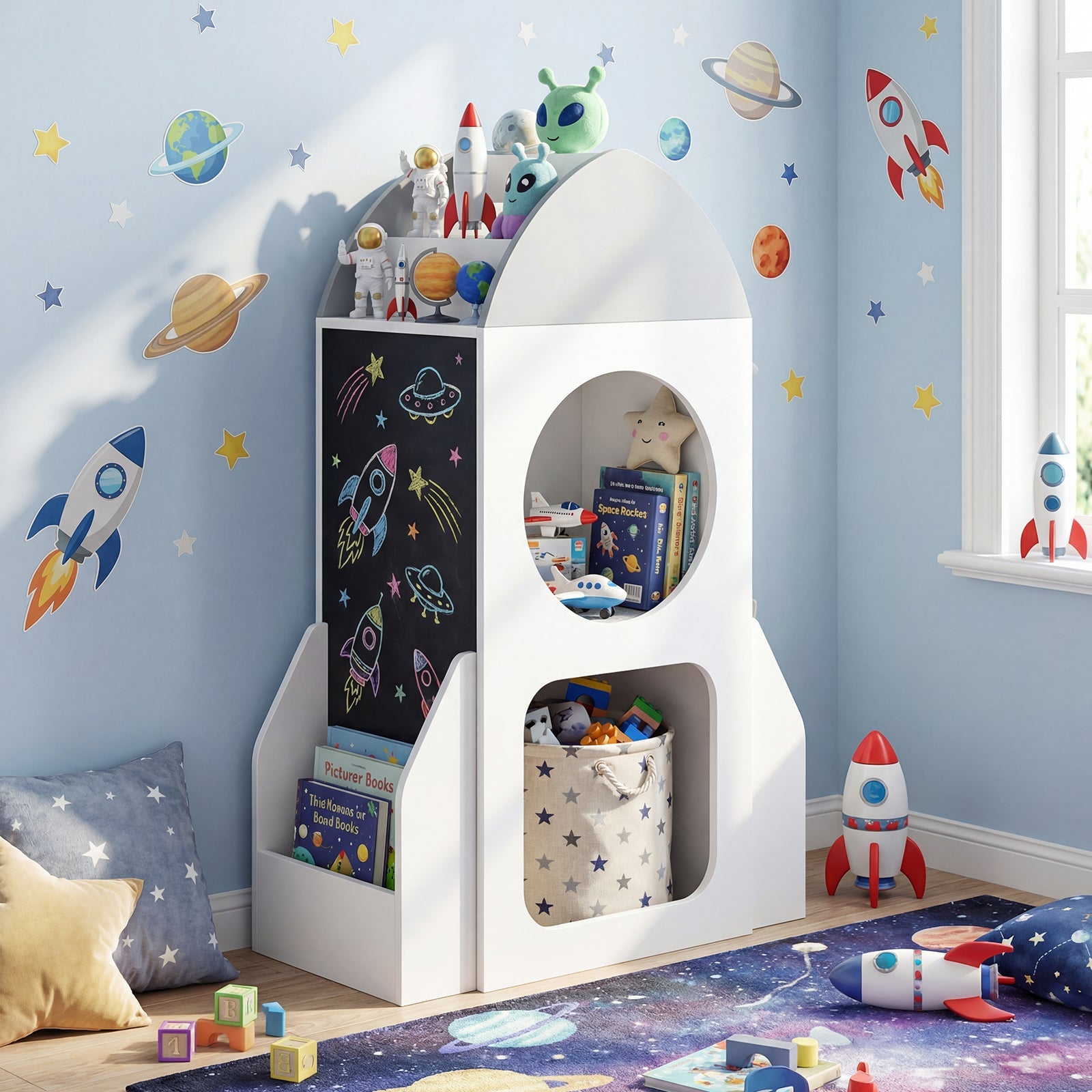 3-Tier Kids Bookshelf Rocket Space Theme Toddler Toy Storage Organizer-White