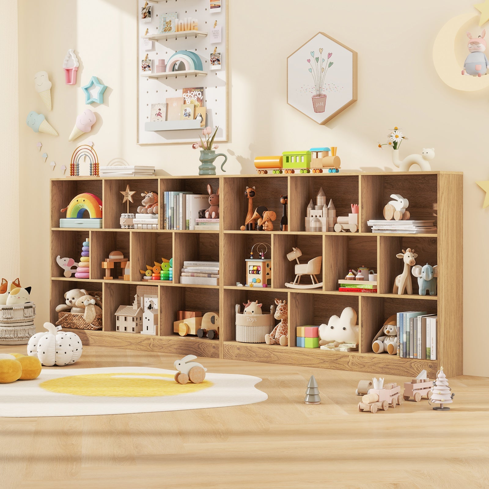41 inches Wooden Toy Storage Organizer with 10 Cubes for Classroom Daycare Nursery Kindergarten