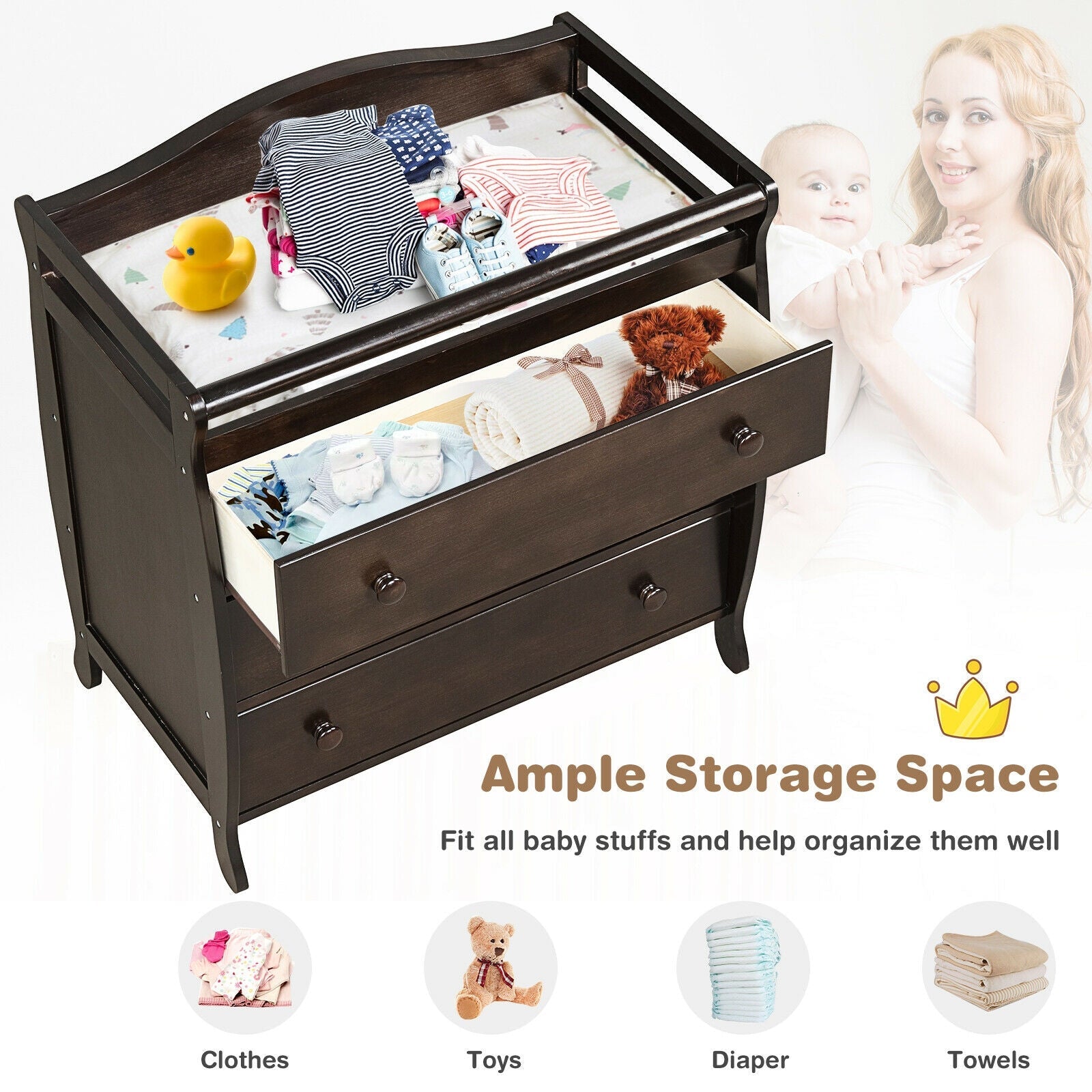 Baby Changing Table Infant Diaper with 3 Drawers and Safety Belt