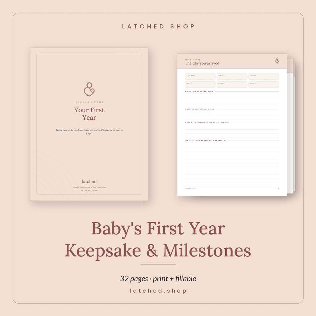 Baby's First Year Keepsake & Milestone Book from Latched SHOP — a 32-page printable and fillable PDF with twelve monthly pages