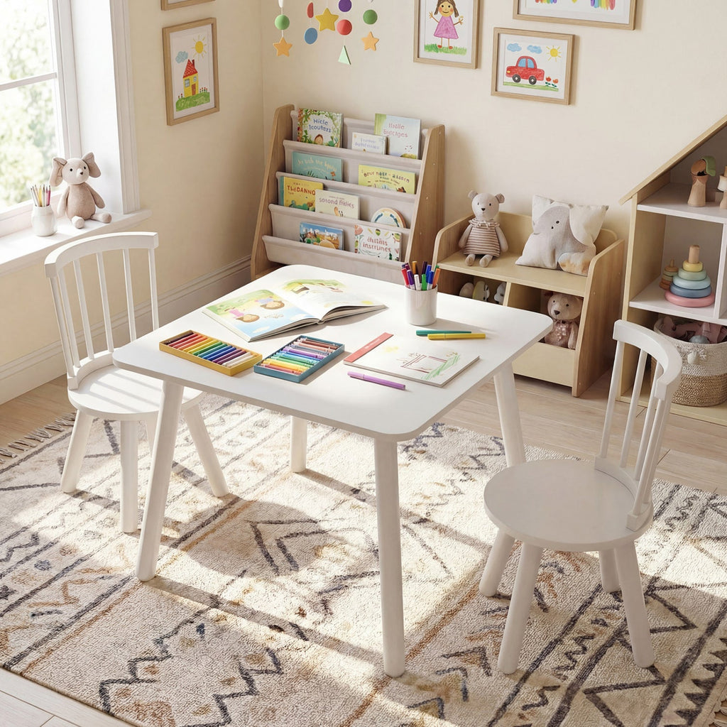 Kids Wooden Table and Chairs Set 3-Piece Toddler Furniture with Pine Wood Frame