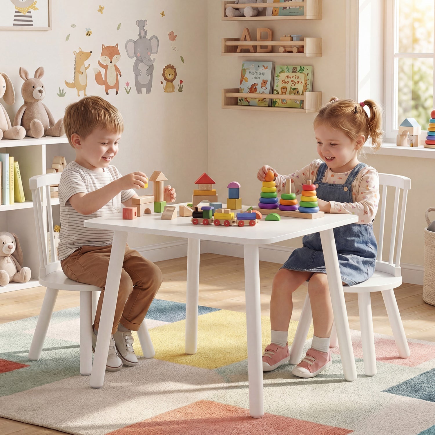 Kids Wooden Table and Chairs Set 3-Piece Toddler Furniture with Pine Wood Frame