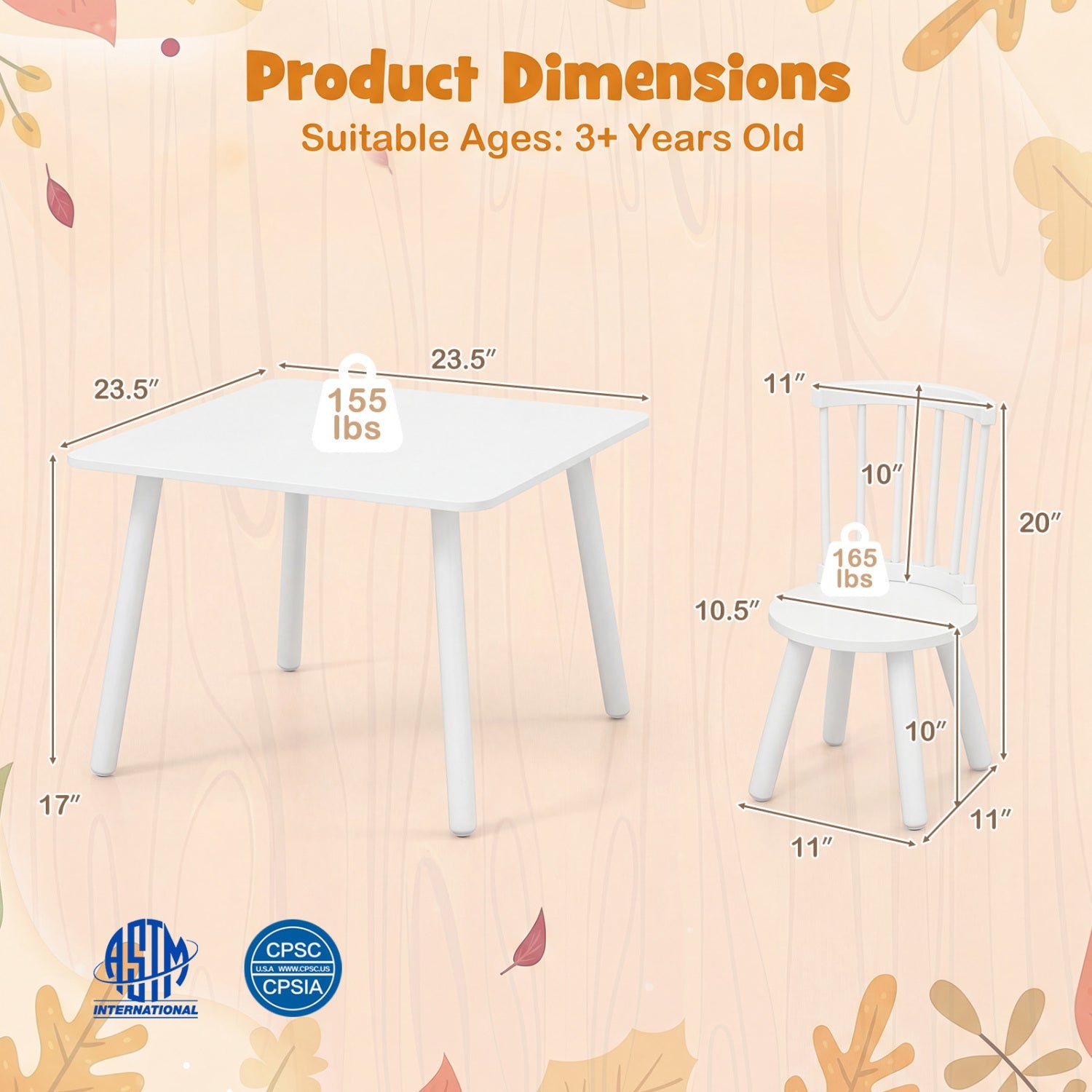 Kids Wooden Table and Chairs Set 3-Piece Toddler Furniture with Pine Wood Frame