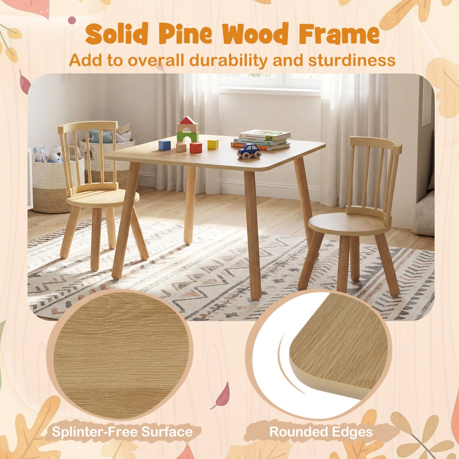 Kids Wooden Table and Chairs Set 3-Piece Toddler Furniture with Pine Wood Frame