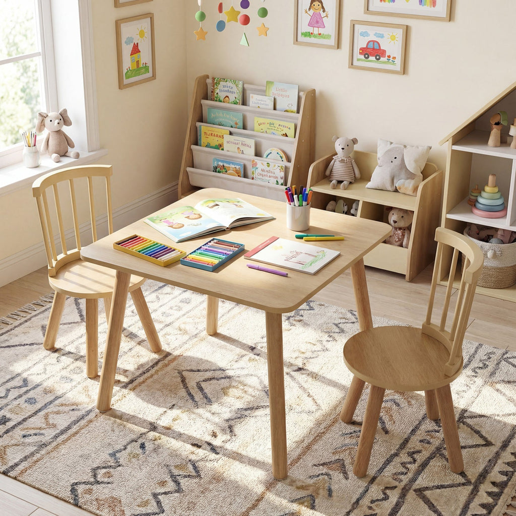 Kids Wooden Table and Chairs Set 3-Piece Toddler Furniture with Pine Wood Frame