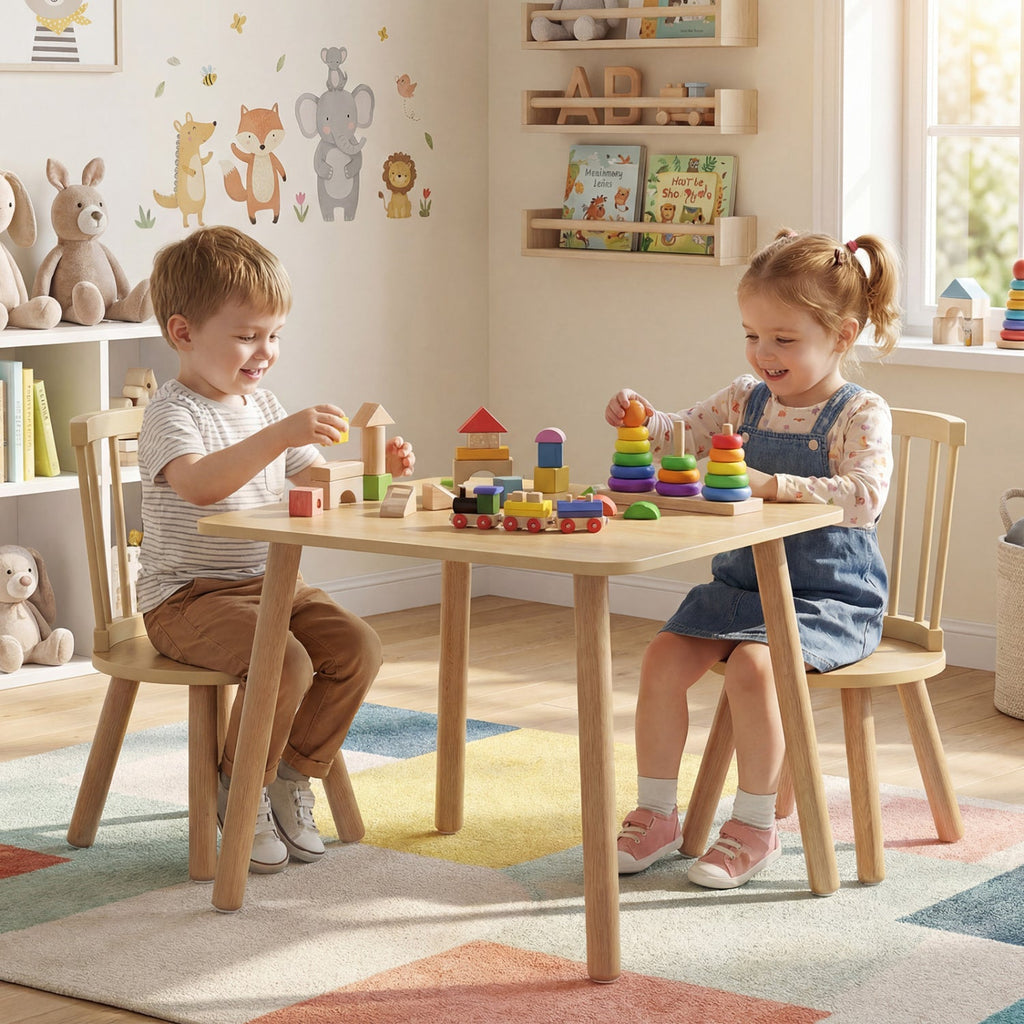 Kids Wooden Table and Chairs Set 3-Piece Toddler Furniture with Pine Wood Frame