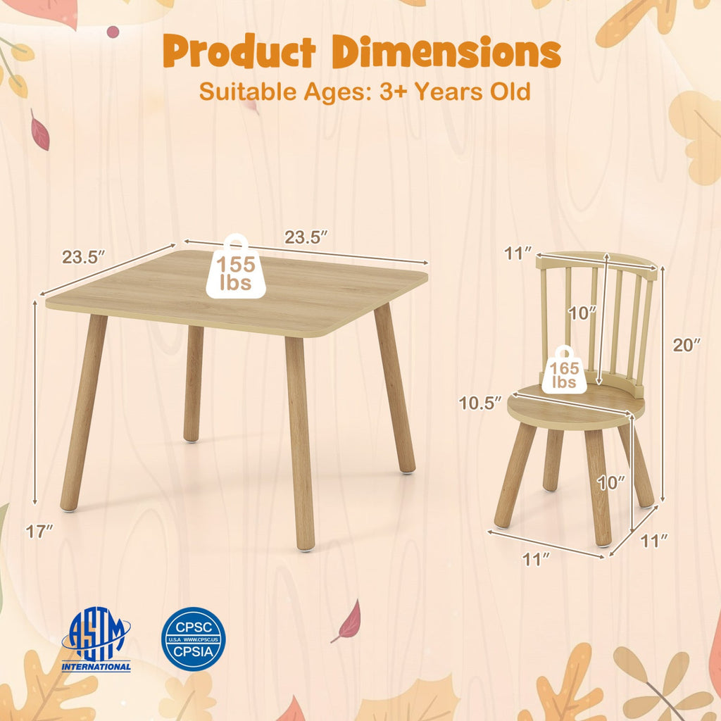Kids Wooden Table and Chairs Set 3-Piece Toddler Furniture with Pine Wood Frame