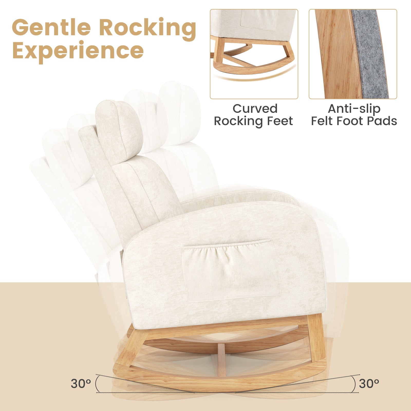 Nursery Rocking Chair Upholstered Chenille Rocker Armchair with Natural Rubber Wood Frame-Beige