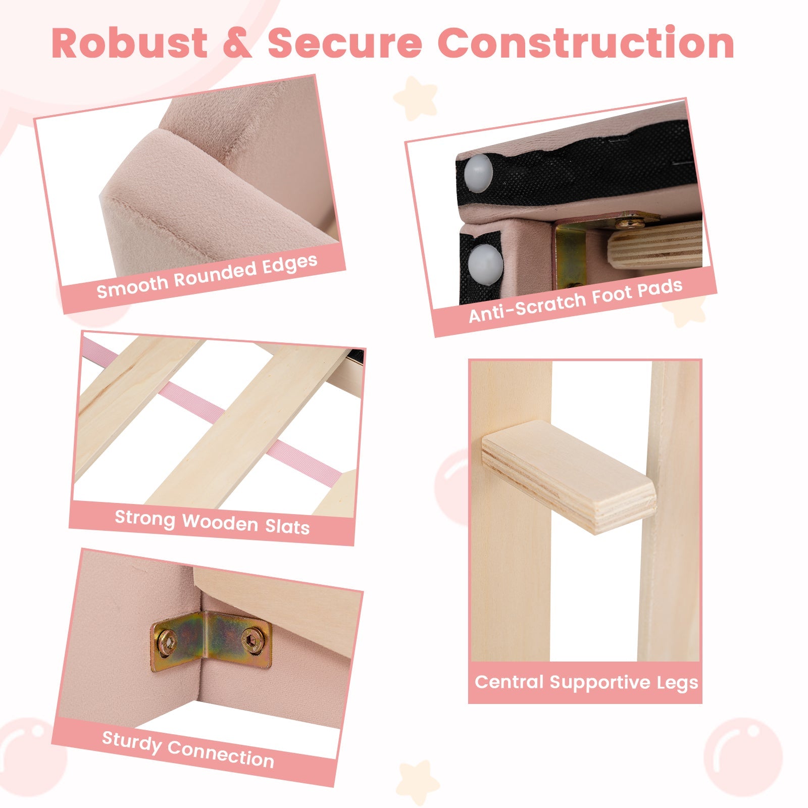 Soft Velvet Fabric Toddler Bed Frame with Safety Rails