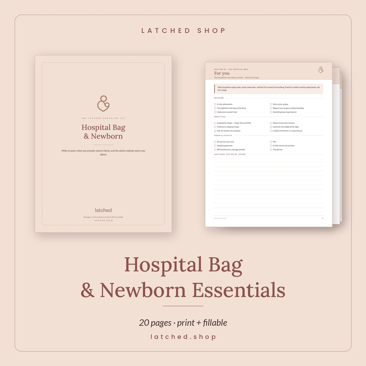 Hospital Bag & Newborn Essentials Checklist Set from Latched SHOP — a 20-page printable and fillable checklist PDF